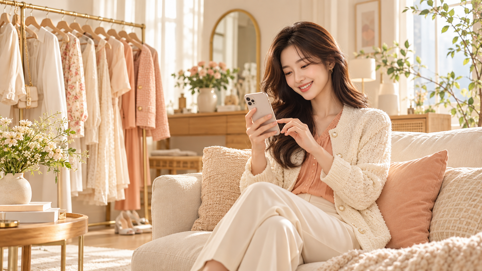 햇살이 드는 크림색 드레스룸에서 휴대폰으로 스타일을 고르는 여성
